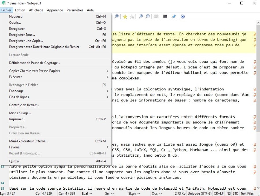 L'interface de Notepad3, un éditeur de texte pour windows