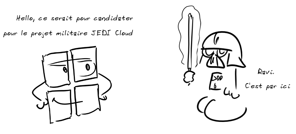le logo Microsoft : Hello, ce serait pour candidater pour le projet militaire JEDI Cloud - Darth Vador : Ravi. C'est par ici