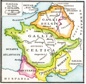 carte ancienne représentant les gaules à l'époque gallo-romaine : Gaules belge et celtique, province romaine et aquitaine.