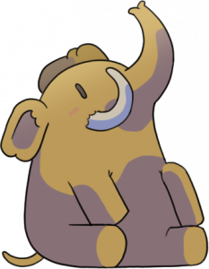 En graphisme BD, la mascotte de Mastodon : un éléphanteau assis sur son derrière, trompe vers le ciel.