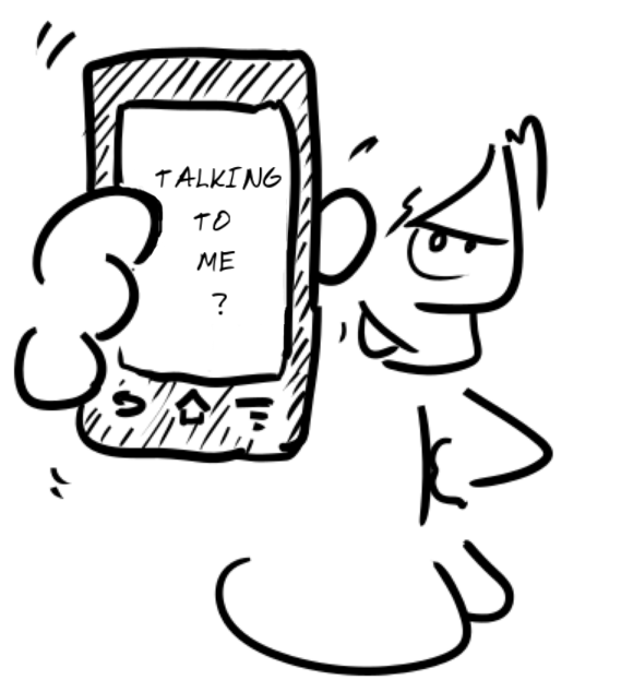 un personnage brandit un téléphone sur lequel est écrit : talking to me ?
