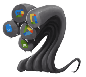 Illustration of Hydroffice, a serpentine monster with five heads and fangs, adorned with the logos of Google Suite tools.